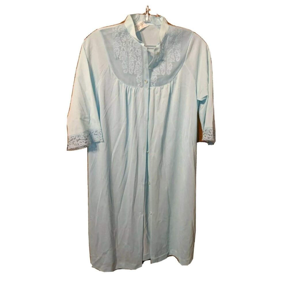 Vintage Texsheen Nylon Nightgown Robe Sz S Small Blue Lace